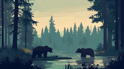 Bears near a tranquil river, two brown bears standing in still water surrounded by dense trees and misty forest ambiance.