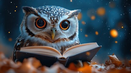 A watercolor painting of a cute owl reading a book.
