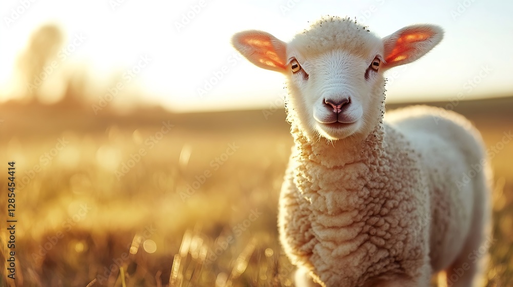 Poster cute lamb in a sunlit field with adorable expression : generative ai