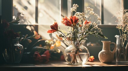 Rustic still life with vintage pottery and flowers