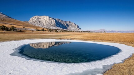 Icy Pond Reflecting Snow Capped Mountain Under Blue Sky