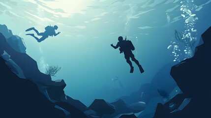 Obraz premium Two divers exploring an underwater canyon, vibrant blue waters, marine life visible, adventure and exploration theme.