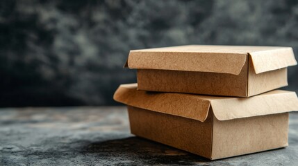 Stack of vintage brown paper packages on a dark surface