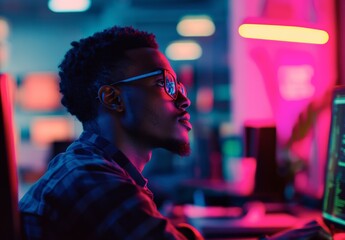 A man wearing glasses is sitting at a desk with a computer monitor in front of him. He is looking at the screen