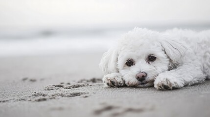 Cute White Dog Lying on a Sandy Beach with Ocean in Background : Generative AI
