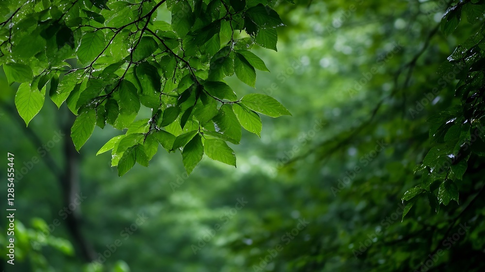 Aufkleber lush green leaves glistening with rain droplets creating an atmospheric nature scene : generative ai