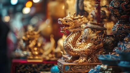 Fototapeta premium Golden dragon statue in an ornate temple setting