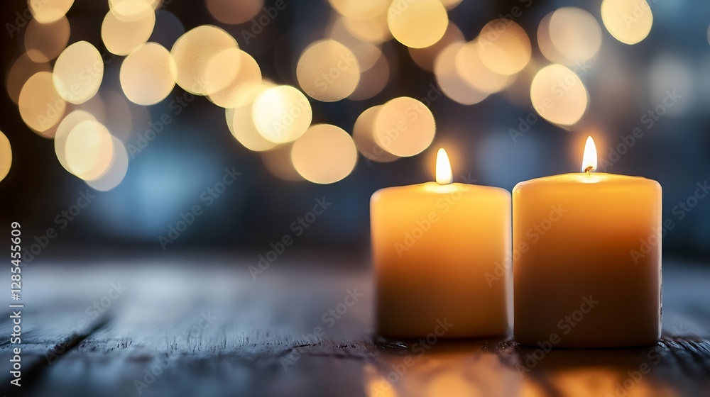 Aufkleber Warm glow of candlelight two candles with soft bokeh background creating serene cozy atmosphere : Generative AI