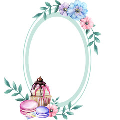 Oval vintage frame with watercolor flowers. Oval-shaped floral frame.Watercolor oval frame with flowers and sweets.For a coffee shop, business cards.Beautiful frame.Hand painted illustration.