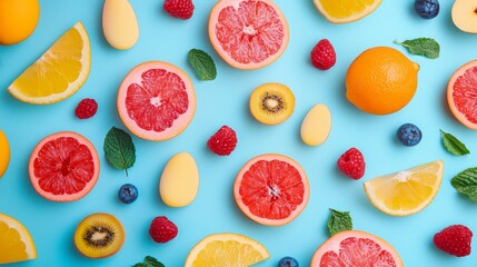 Fresh sliced citrus fruits on a vibrant blue background