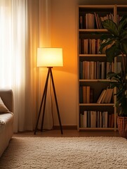 Cozy Living Room Interior With Warm Lighting and a Bookshelf Full of Books in a Softly Lit Space During the Evening Hours