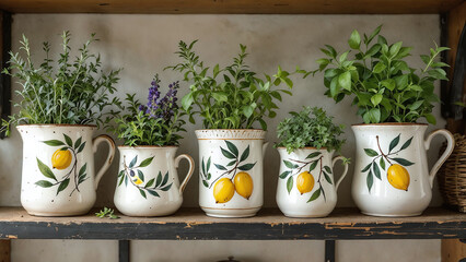 Mediterranean Style Ceramic Pitchers with Lemon and Olive Branch Motif