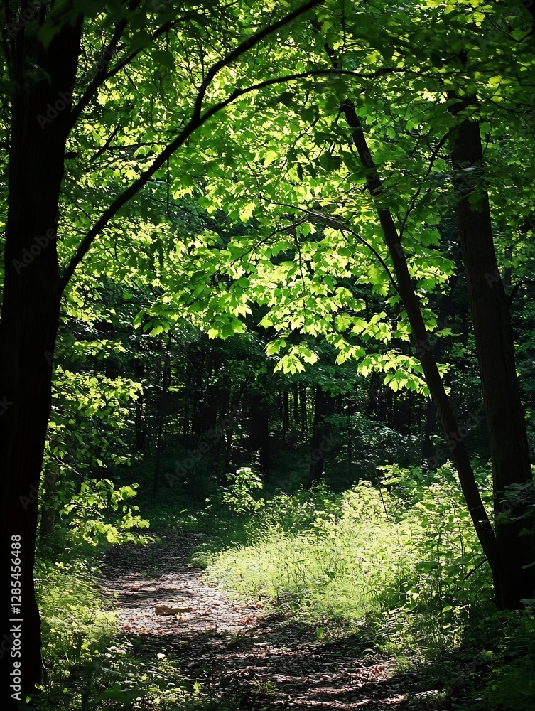 Poster peaceful sunlit path through dense green forest with sunlight filtering : generative ai