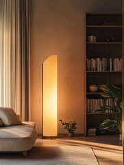 Cozy Living Room Interior With Warm Lighting and a Bookshelf Full of Books in a Softly Lit Space During the Evening Hours