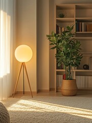 Cozy Living Room Interior With Warm Lighting and a Bookshelf Full of Books in a Softly Lit Space During the Evening Hours