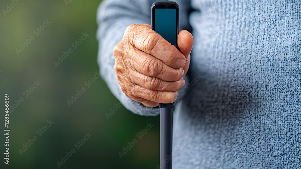 Poster elderly person using smart walking stick with digital screen showing health metrics