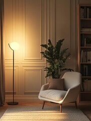 Softly Illuminated Corner With a Modern Chair, Lamp, and Indoor Plant in a Cozy Living Room Setting During Evening Hours