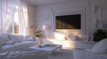 Luxurious Living Room Featuring Elegant Furnishings and a Beautiful Television Display Showcasing Art in a Well-Lit, Modern Home Setting