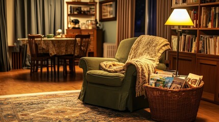 Cozy Living Room in a Warm Setting With Vintage Decor and Inviting Atmosphere During Evening Hours