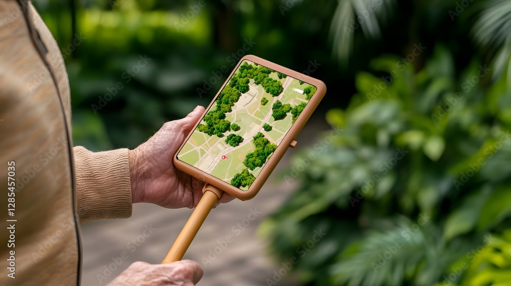 Poster futuristic walking stick with gps tracker displaying elderly user's real-time location