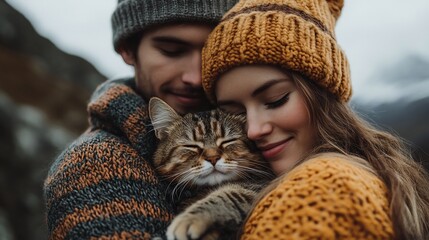 Couple cuddling cat, autumn, outdoors, rocky background, love