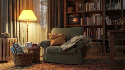 Cozy Living Room in a Warm Setting With Vintage Decor and Inviting Atmosphere During Evening Hours