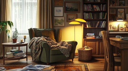 Cozy Living Room in a Warm Setting With Vintage Decor and Inviting Atmosphere During Evening Hours