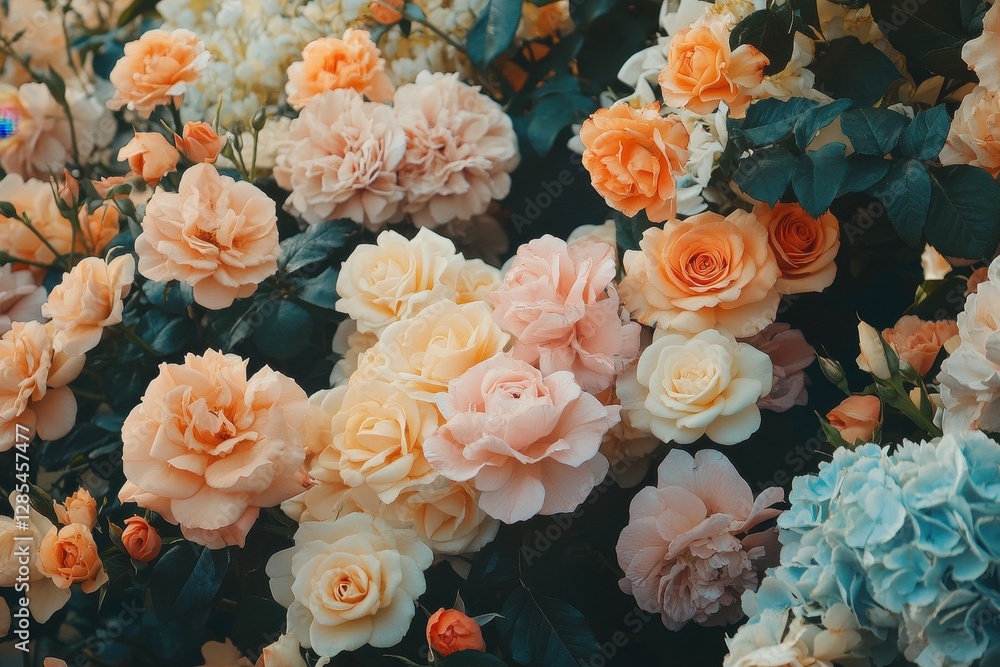 Poster blooming flowers in time-lapse showcase a vibrant array of colors and textures in a garden setting, 