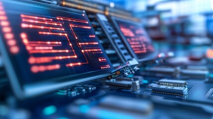 Futuristic tech displays, server room interior