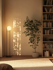 Softly Illuminated Corner With a Modern Chair, Lamp, and Indoor Plant in a Cozy Living Room Setting During Evening Hours