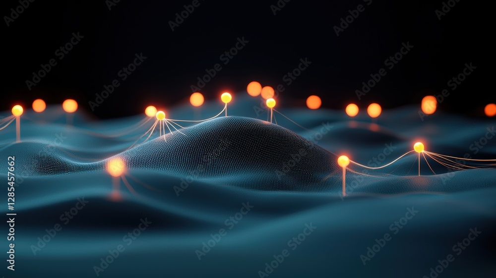 Poster a complex network of interconnected nodes and glowing lines spanning across a dark blue background, 