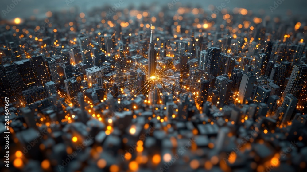 Poster an aerial view of a cityscape illuminated by glowing lines representing digital connections, showcas