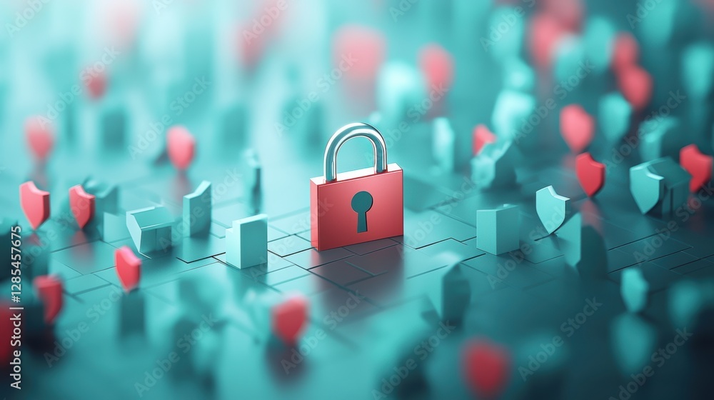 Poster a conceptual image of a padlock surrounded by digital shields and firewalls, symbolizing the ongoing