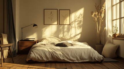 Warm Sunlight Fills a Cozy Bedroom With Natural Decor Showcasing a Bed, Bedside Table, and Potted Plants Enhancing Tranquility and Comfort