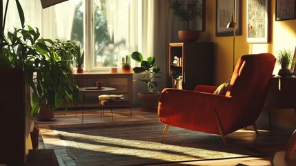 Warm Sunlight Fills a Cozy Bedroom With Natural Decor Showcasing a Bed, Bedside Table, and Potted Plants Enhancing Tranquility and Comfort