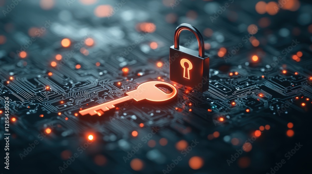 Poster an abstract representation of data encryption with glowing keys and locks, highlighting the importan