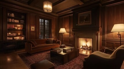 Cozy Living Room With a Warm Fireplace Surrounded by Bookshelves and Plants During Twilight