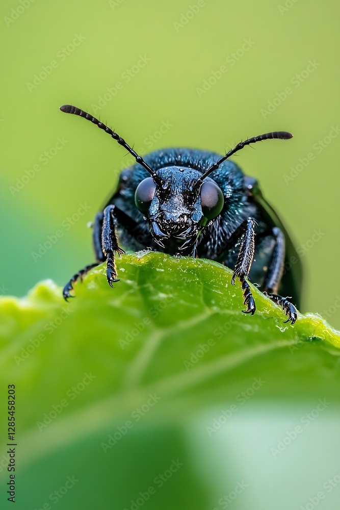 Poster Detailed Close-Up of a Black Insect on a Leaf with Distinct Features and Natural Background : Generative AI