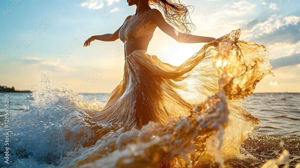 Poster dancer in motion merging with cascading ocean waves and sunlight