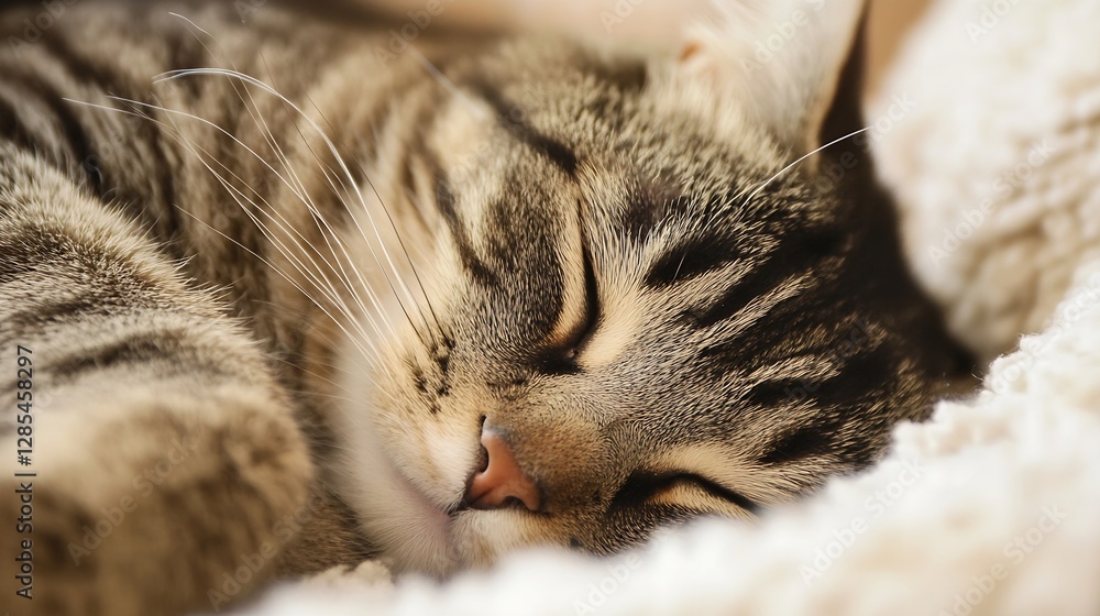 Aufkleber Close Up of a Sleeping Tabby Cat Resting on Soft Blanket in Cozy Environment : Generative AI