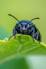 Naklejka premium Detailed Close-Up of a Black Insect on a Leaf with Distinct Features and Natural Background : Generative AI