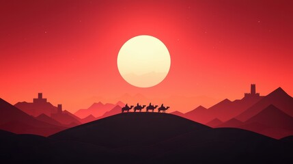 A vast desert landscape dominated by towering sand dunes and ancient ruins, with a caravan of travelers on camelback silhouetted against a fiery sunset sky.