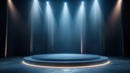 Empty premium winners podium with silver accents, set in a dark, empty sports arena with soft spotlights 
