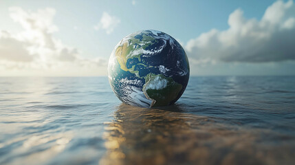 Earth Day concept with a 3D-rendered Earth where one side is submerged in rising ocean waters, while the other side is dry and cracked, symbolizing climate crisis.