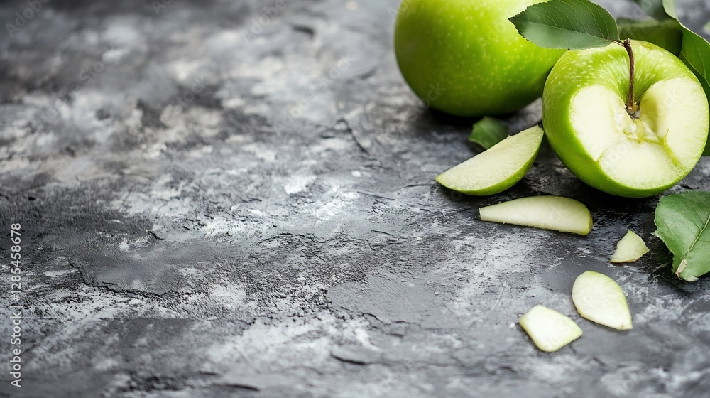 Poster fresh green apples on dark background with sliced pieces : generative ai