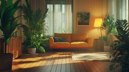 Cozy Living Room With Warm Sunlight and Lush Greenery, Inviting Atmosphere for Relaxation and Comfort