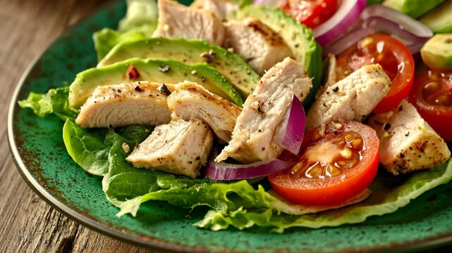 The turkey and avocado lettuce wrap, showcasing its vibrant green color from the avocados, fresh red tomatoes, crisp red onion slices, and marinated chicken, generative AI