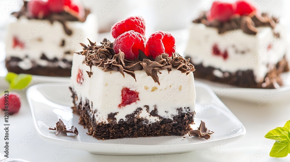 Poster delicious chocolate raspberry dessert square with cream and garnish : generative ai
