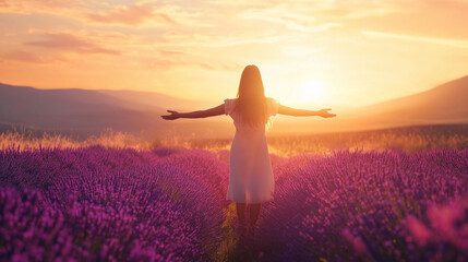 A breathtaking view of a lavender field at sunset, soft purple hues stretching endlessly, a lone woman standing with arms open, embracing the healing breeze.