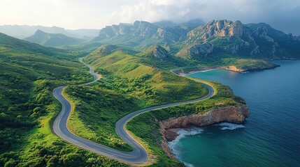 Fototapeta premium A winding road on a cliff top surrounded by greenery creates a serene landscape